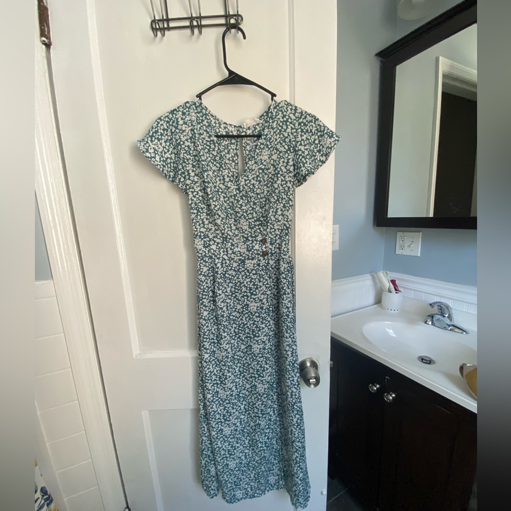 green floral faux wrap dress
